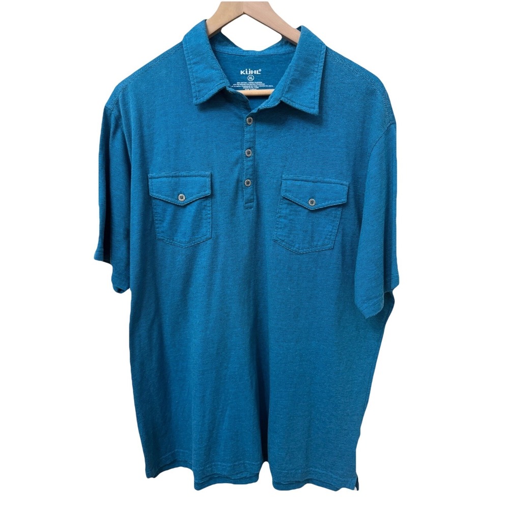 Kuhl Polo‎ Shirt XL Teal Blue Micro Stripe Short Sleeve Utility Pocket Mens